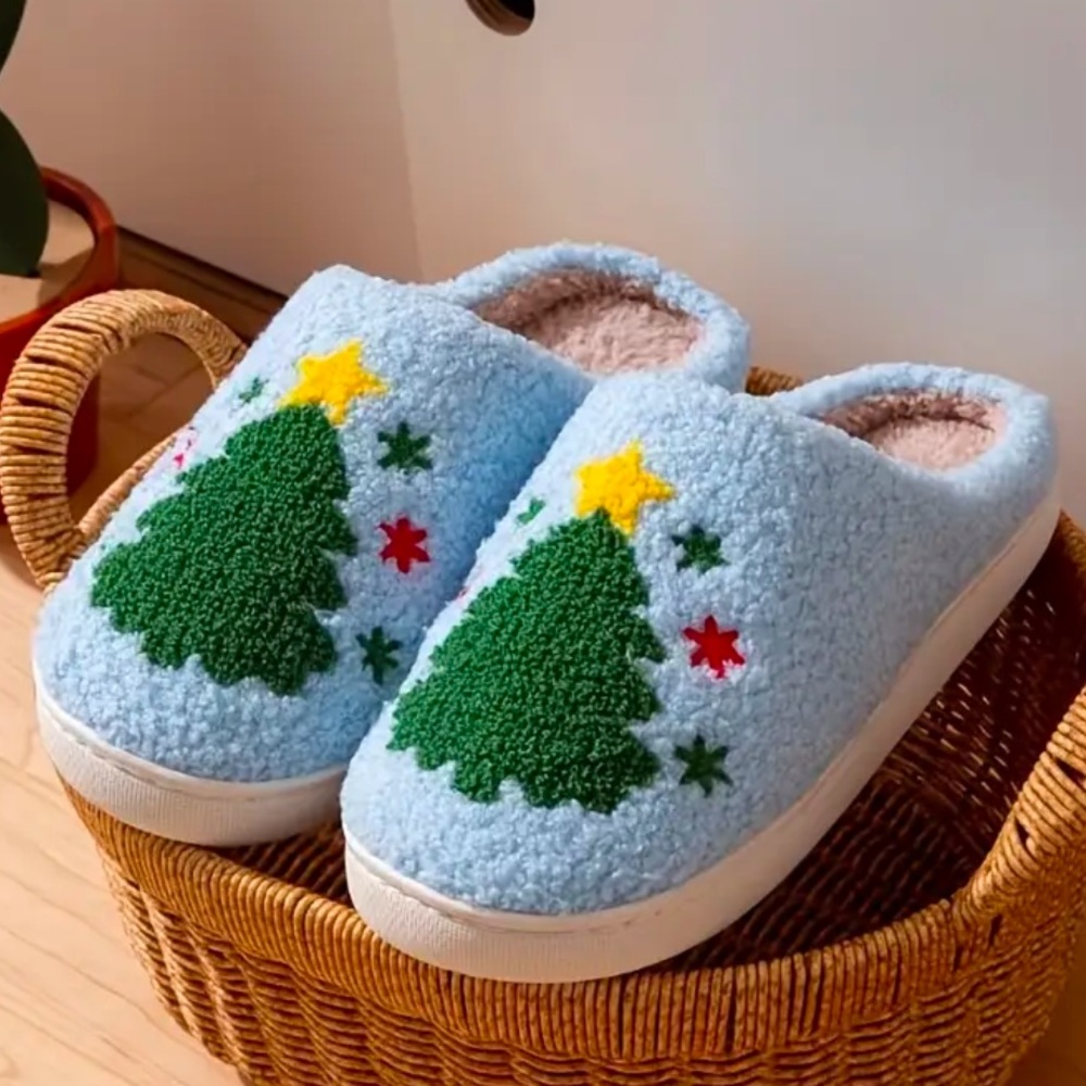 Blue Christmas Tree Sherpa Slippers Indoor / Outdoor